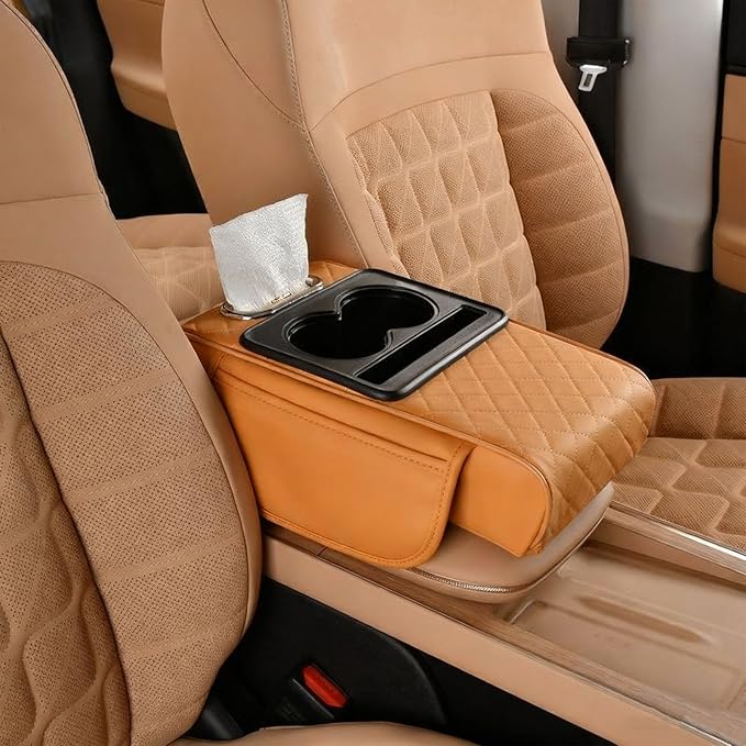 Multifunctional Pu Leather Car Armrest Box Mat With Cup Holders, Universal Armrest Box Pad, With Side Pockets, Easy To Clean Interior Organizer Waterproof For Cars, Trucks, Suvs (Quilted, Orange)