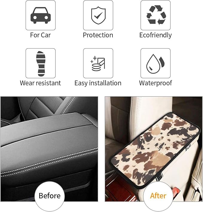 Universal Car Center Console Cushion Pad, Brown Cow Print Soft Waterproof Car Center Console Cover Auto Armrest Seat Box Cover Protector for Most Vehicle SUV Truck Car