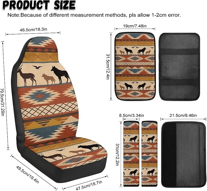 FUSURIRE Aztec Wolf Print Car Interior Accessory Set of 5,PU Front Seat Covers, Seat Belt Covers & Center Armrest Pad,Universal for Car, SUVs,Van,Small Trucks