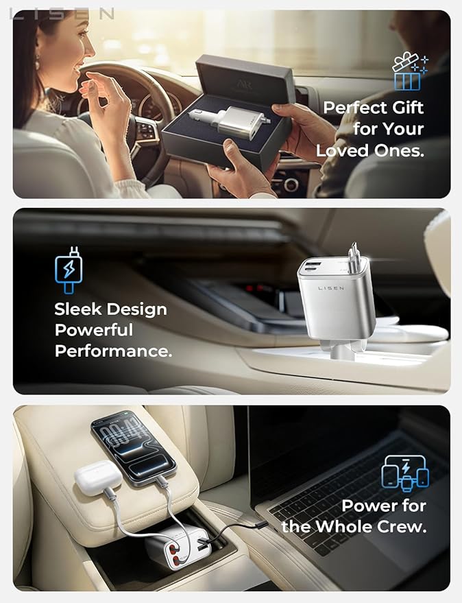 LISEN Retractable Car Charger for iPhone 17 Pro Max, 75W Retractable Car Charger, Cute Girly Car Accessories for Women, Valentines Day Gifts for Men Women, fit iPhone 16 15 14 Samsung Galaxy