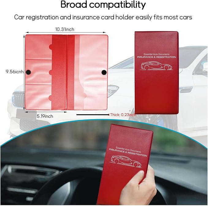 Car Registration and Insurance Holder, 10.39''×9.56'' Essential Auto Card Document Glove Box Organizer with Closure, Car Interior Accessories (Red, Small Car)