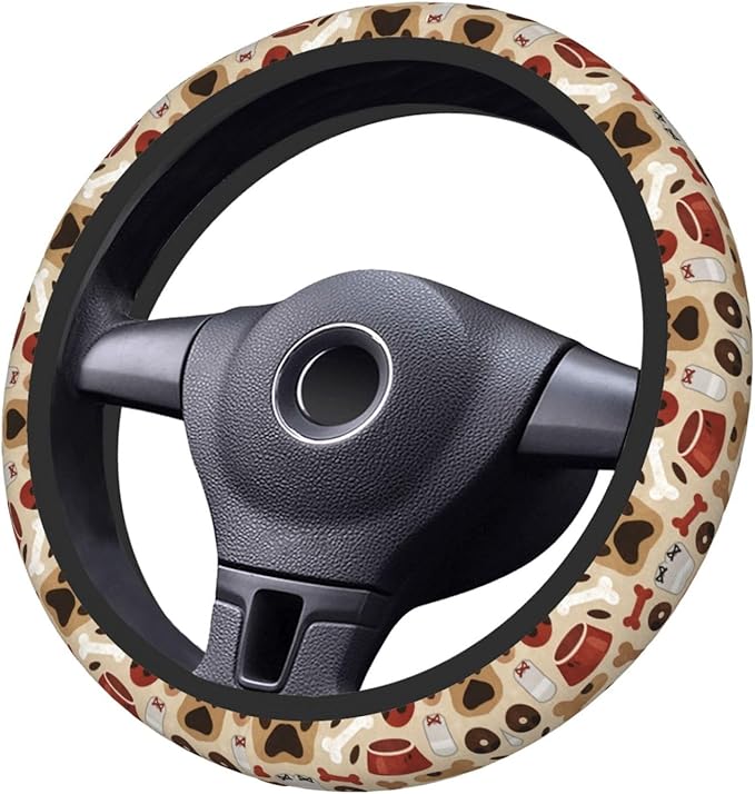 Dogs-Paws Prints Bones Car Steering Wheel Cover, 15 Inch Steering Wheel Cover Stylish Decor for Most Cars