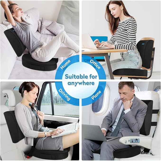 CloudBliss Lumbar Support Pillow & Seat Cushion Set for Office Chair, Desk Chair, Wheelchair & Car – Memory Foam Back Support, Ergonomic Chair Cushions, Sciatica Pain Relief, Home Essentials, Black
