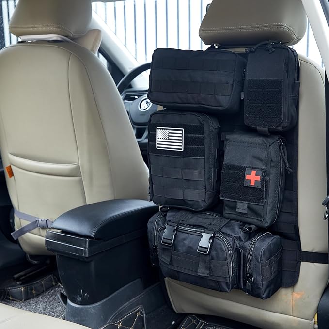 Universal Tactical Car Seat Back Organizer Bag Tactical Molle Vehicle Organizers Panel Gear Accessories with 5 Different Size Molle Pouches for Car Truck Ford Jeep Vehicle (B style-Black)