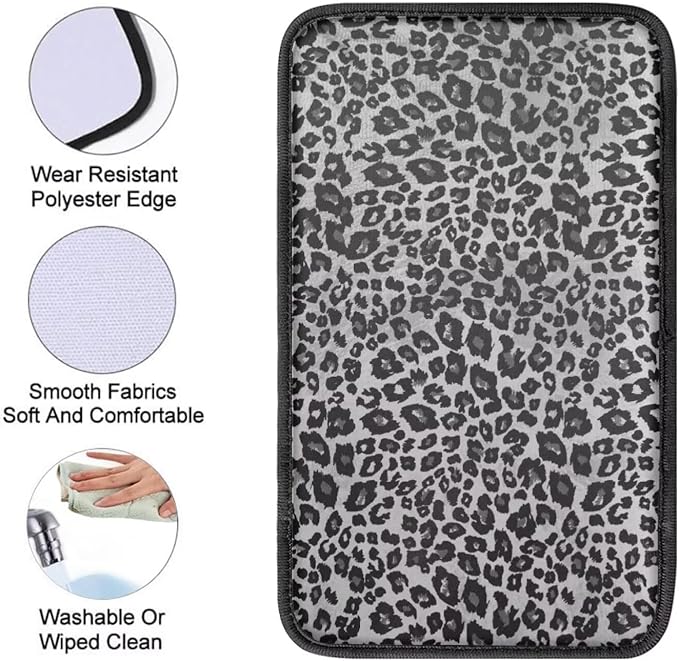 Sliver Gray Leopard Print Car Center Console Cover for Women Men,Fashion Car Arm Rest Cover Pad
