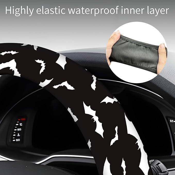 Steering Wheel Covers for Car, Truck, and SUV, Cute Non-Slip Breathable Elastic Steering Wheel, Car Accessories, Universal 15 Inch Leather Cover for Men Women Black Bat