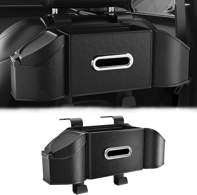 Car Organizer Back Seat, 4-In-1 Car Back Seat Organizer with Drink Cup Holder Tissue Box Trash Can Phone Holder, Adjustable Headrest Storage Organizers with Hooks Automotive Seat Storage Box