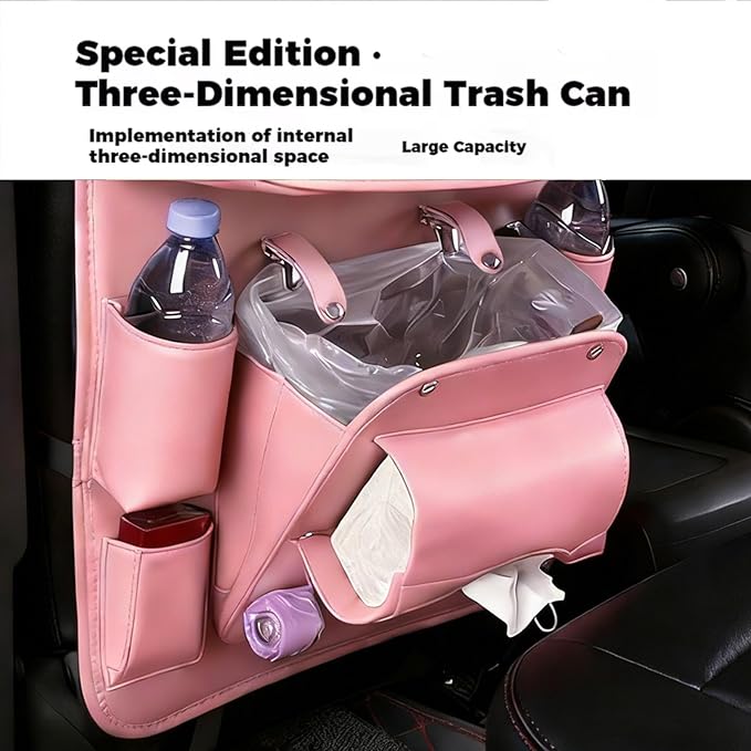 Car Seat Organizer, Multifunctional Backseat Protector Mat, Storage Bag and Tray Rack, Trash Storage (Suitable for Cars, Children, Back of Seats, and Rear Seats) (Pink, Leather 1-Piece Set)