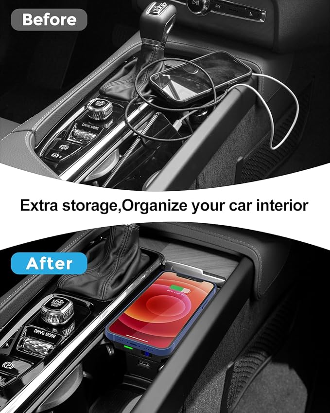 hoMPLEX Wireless Charger for Volvo (XC90/S90/V90/XC60/V60/S60) 2017-2025, Automotive Center Console Organizer Wireless Charging Pad for Volvo Accessories 2018 2019 2020 2021 2022 2023 2024