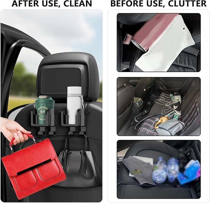 2PCS Multifunctional Car Cup Holder + Car Phone Holder + Car Purse Hook,Hanging Back Seat Car Organizer with Headrest Hooks,Universal Car Organizer Car Accessories Interior