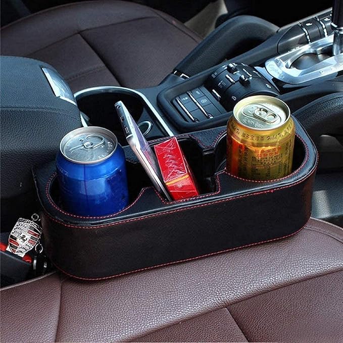 Car Cup Holder, Auto Front Seat Cup Holder, PU Leather Cover Cup Drink Holder, Car Seat Gap Filler Organizer, Side Cup Holder for Car Coin Bucket, Cell Mobile Phone Holder, Black