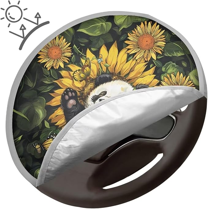 Retro Panda Sunflower Leaf Pattern Steering Wheel Sunshade Cover for SUV Truck Van Car Steering Wheel Sunblock Cover Car Steering Wheel Cover Car Interior Accessories