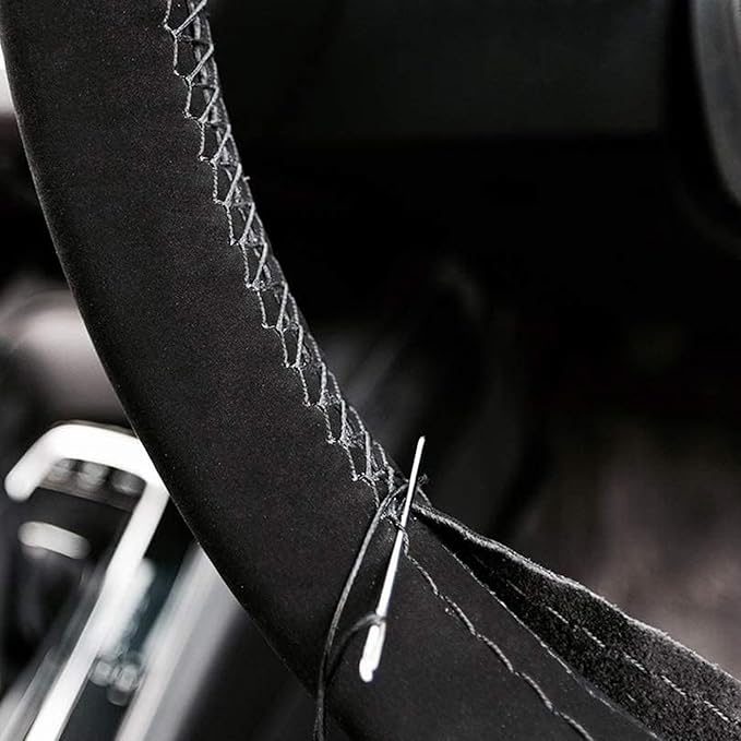 40.16-Inch Suede Leather Stitch Steering Wheel Wrap, Suitable for Car Steering Wheels with A Diameter of 15 Inches, Including Sewing Needles, Hand-Stitched