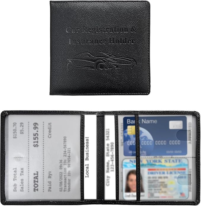 Car Registration and Insurance Holder, 5.51" × 5.11" Premium Leather Vehicle Glove Box Organizer with Magnetic Closure, Auto Document Holder for Cards Paperwork and Drive License (Black-A)