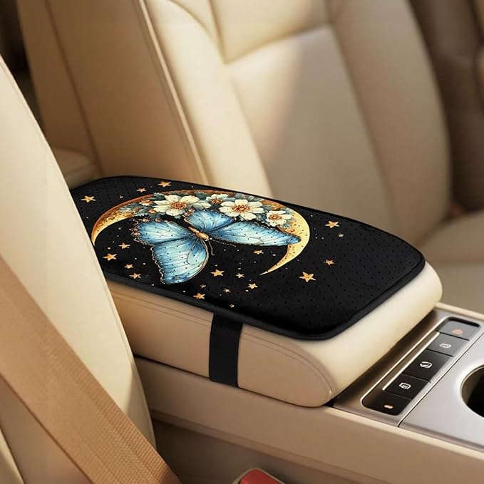 Qeluxign Car Seat Covers Butterfly Moon Star 2 Front Seats Universal Fit Center Console Protector Auto Seat Belt Cover Against Stains, Spills, Dust Car Interior Accessories 5 Piece Set