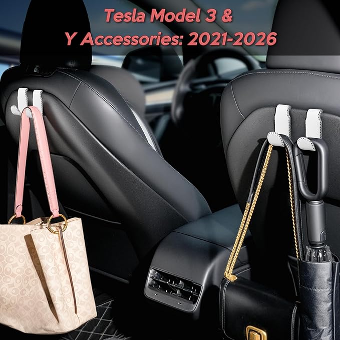 Car Seat Hooks for Tesla Model Y(Juniper) Model 3(Highland), Leather-Wrapped with Stainless Steel Core & Handmade Stitching, Purse Hanger Bag Holder, Automotive Seat Back Organizers (White-2 Pack)