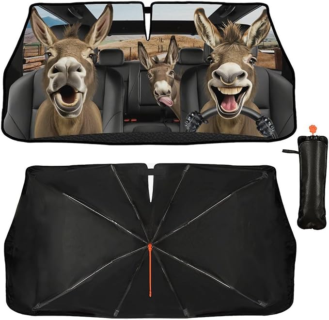 DOPINDU Funny Donkey Car Windshield Sun Shade Umbrella Bendable Handle Foldable Funny Sunshade for Car Windshield Block UV Rays Keep Vehicle Cool for Most Sedans SUV Trucks Cars 57"x30"