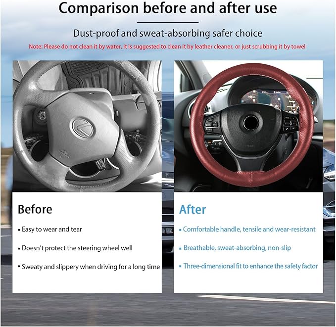 Kewucn Genuine Leather Steering Wheel Cover, 15" Universal Car Steering Wheel Protector with Needle Thread, Breathable Anti-Slip Steering Wheel Cover DIY Stitch on Wrap (Wine Red, Full Hole)