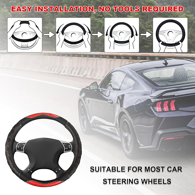 Carbon Fiber Steering Wheel Cover, Non-Slip Leather Steering Wheel Protector with 3D Honeycomb Design, Comfy Grip Breathable Sporty Auto Wheel Wrap for Most Cars Trucks SUVs (Red)