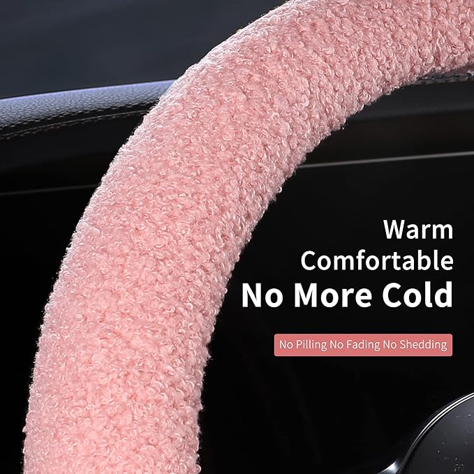 Furry Winter Car Steering Wheel Cover for Women, Soft Fleece Short Plush Warm Universal Auto Accessories for Vehicle, Sedan, Fuzzy, Anti Slip, Pink, Standard Size, 14.75-15.15in