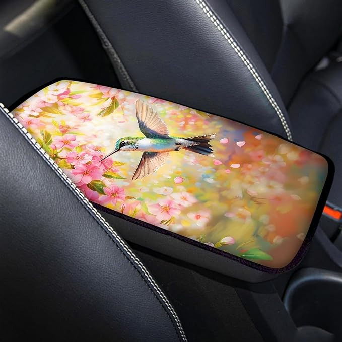 Hummingbird Cherry Blossom Car Center Console Cover,Auto Armrest Storage Box Mat Universal for Most Vehicle,SUV,Truck,Cars
