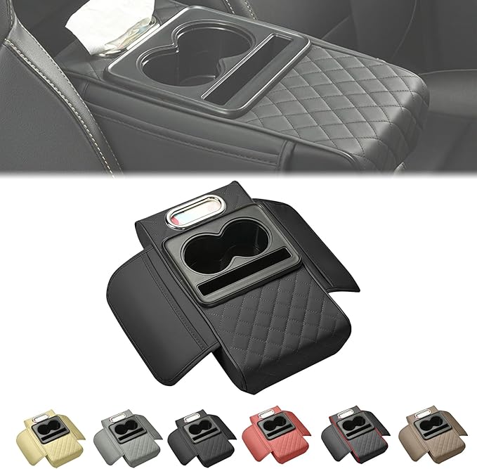 2025 New Auto Center Console Armrest Cushion with 2 Cup Holder, Car Center Console Armrest Pillow, Memory Foam Arm Rest Box Protector for Most Vehicles, Car Accessories (Black-A)