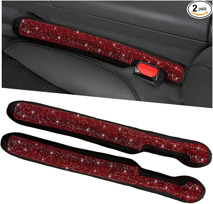 2PCS Bling Car Seat Gap Filler, Sparkling Rhinestone Side Seat Gap Blocker Stop Things from Dropping, Soft Foam Car Truck Filler Blocker Fill The Gaps Between Seats and Console (Red)