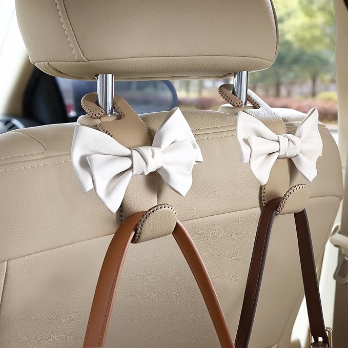 TISOHUGO Car Purse Hook, Cute Bow Hooks for Headrest - Leather U-Shaped Purse Holder for Car, Flexible Seat Back Organizer & Durable Vehicle Accessories for Bags, Coats & More (Beige-2 Pack)