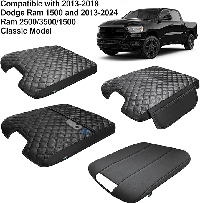 Center Console Cover Compatible with 2013-2018 Dodge Ram 1500 & 2013-2024 Ram 2500/3500/1500 Classic Model for Jump Seat Console, Comfortable Leather Middle Console Cover Lid with Pocket