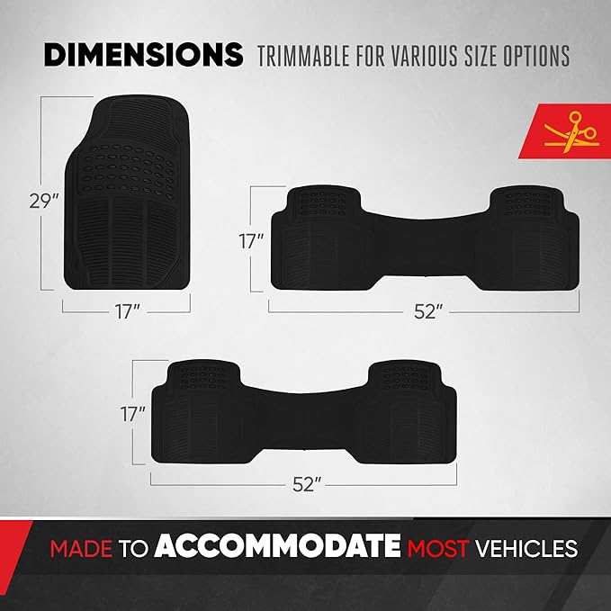 BDK 3-Row ProLiner Original Heavy Duty 4pc Front & Rear Rubber Floor Mats for Car SUV Van (Fits 3rd Row Vehicles) - All Weather Protection Universal Fit (Black)