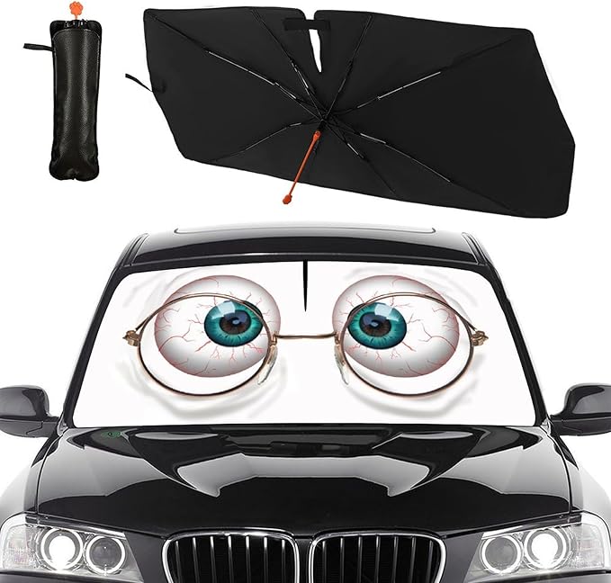 DOPINDU Funny Eyes Car Windshield Sun Shade Umbrella Bendable Handle Foldable Funny Sunshade for Car Windshield Block UV Rays Keep Vehicle Cool for Most Sedans SUV Trucks Cars 57"x30"