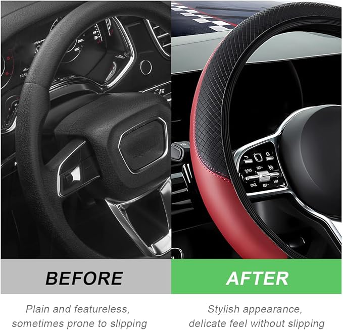 Car Steering Wheel Cover, 15 Inch Carbon Fiber Leather Stitching Color Steering Wheel Protector, Anti-Slip Elastic Breathable Steering Wheel Cover Stylish Decor for Most Cars (Wine Red, AD)