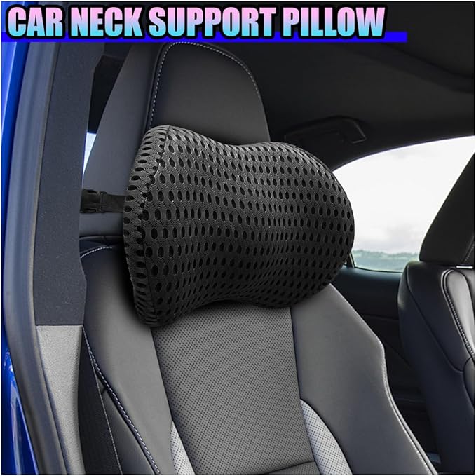 Ergonomic Memory Foam Car Neck Pillow with Adjustable Strap & Machine-Washable Cover - Long-Lasting Support for Long Drives & Office Use(Black)