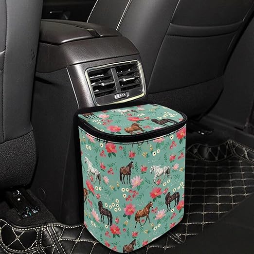 Talayituse Horse Flower Print Car Trash Can with Lid, Leak Proof Auto Trash Bag Hanging Vehicle Garbage Can Multipurpose Storage Container for Back Seat Road Trip