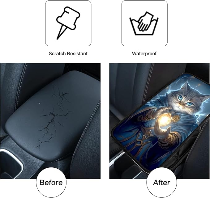 JANENFNA Car Armrest Cover Pads Universal Fashion Cute Auto Center Console Armrest Cover Pad with 2PCS Car Coasters Soft Waterproof Car Armrest Seat Protector for Women,Magic Blue Cat