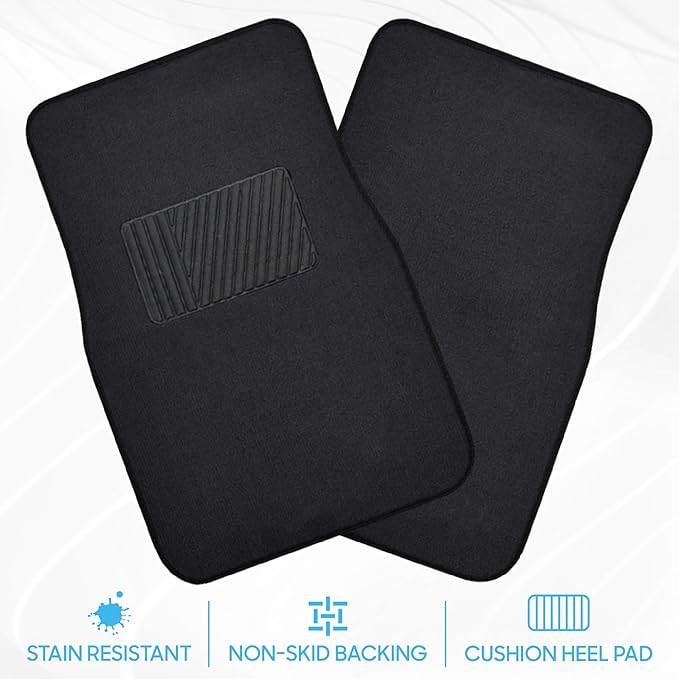 BDK Premium 4PC Set of Carpet Car Floor Mats with Vinyl Safety Heel Pad for Car, Truck, SUV, Coupe Sedan, Black (MT-100-BK)