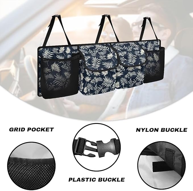 Dreaweet Palm Leaf Print Trunk Organizer for Car Women Portable Trunk Organizers for SUV with 4 Pockets Collapsible Trunk Storage Organizer Backseat Hanging Car Organizer for Sedan Truck Van