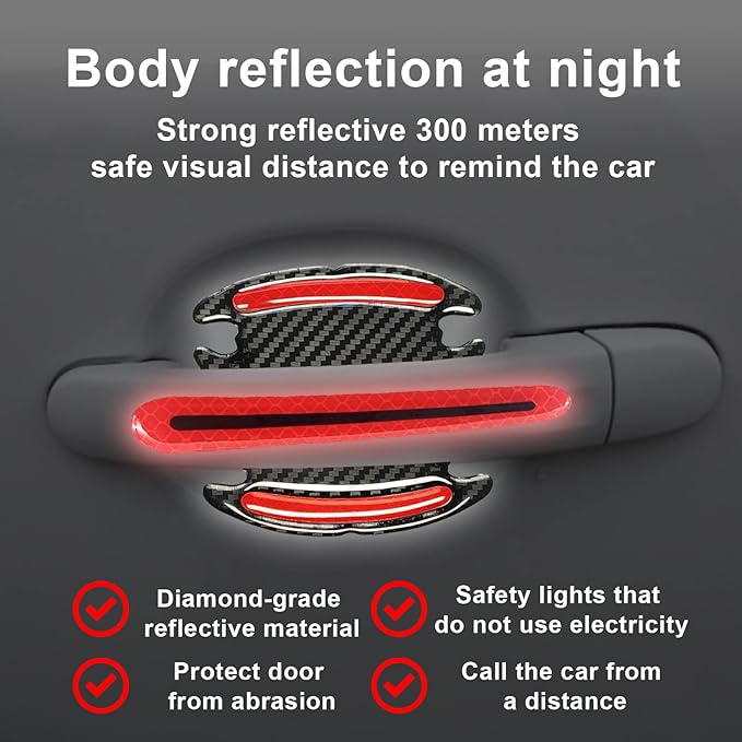 8Pcs 3D Door Handle Cup Protector, Reflective Stripe Stickers, Anti-Scratch, Universal, Suitable for Cars, Trucks, SUVs (Red)