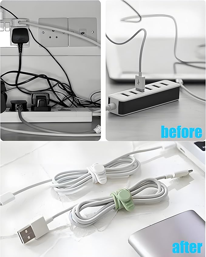 120 Pcs Cable Organizer Set, 20pcs Silicone Cable Ties Reusable & Nylon Cable Ties 100pcs, Multipurpose Elastic Cord Management Organizer for Charger, USB, Phone, Data Cables - Black White Green Grey