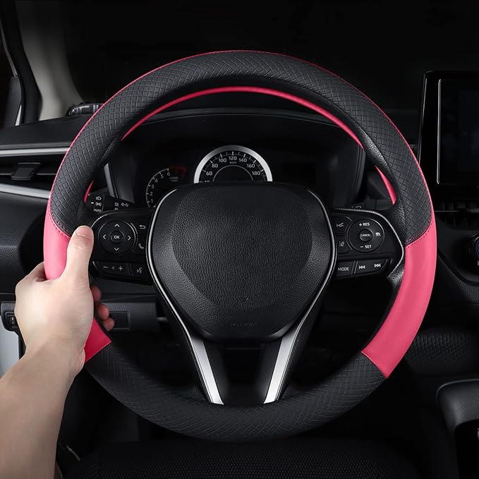 Auto Car Leather Steering Wheel Cover Anti Slip Wrap 15" (Hot Pink)