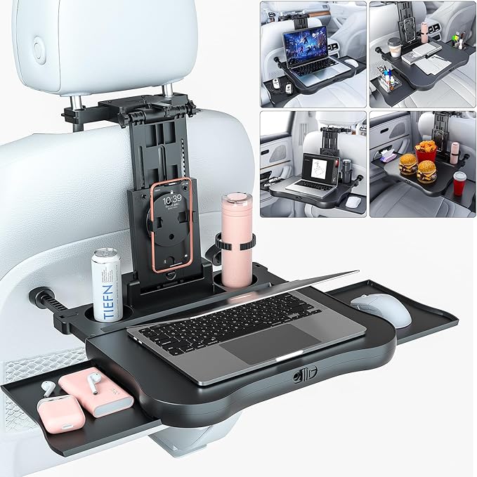 Car Back Seat Tray Table-Stable Auto Backseat Food Trays Desk for Rear Passenger Road Trip Eating & Work, Multifunctional Adjustable Travel Tray with Phone Drink Holder for Laptop iPad