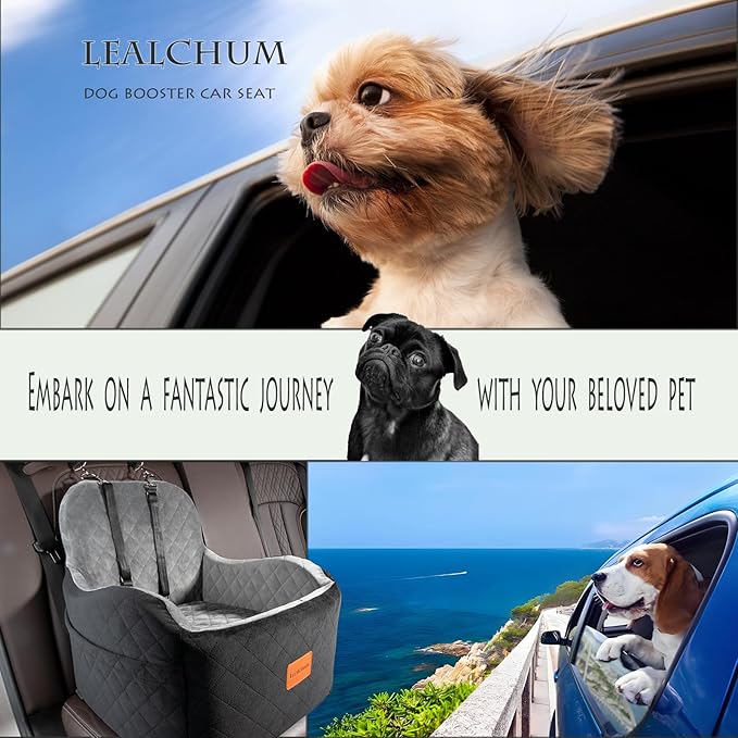 Lealchum Dog Booster Car Seat for Small/Medium Dogs,6in Memory Foam Elevated Cushion,Fully Detachable and Washable,2 Clip-On Safety Leashes,Anti-Slip Base(Black/Grey,Medium)