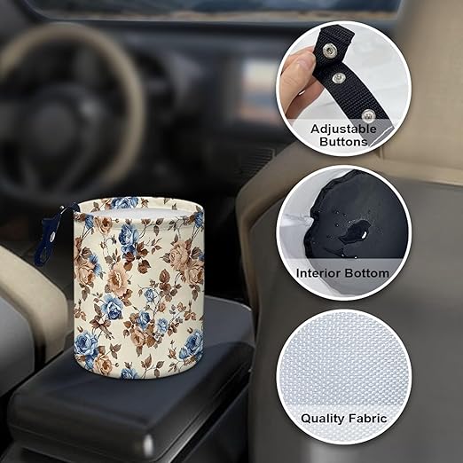Retro Flower Print Cat Car Garbage Can Small Trash Can with Leak Proof Inside Liner and Hanging Strap Car Organizer Portable for Road Trip