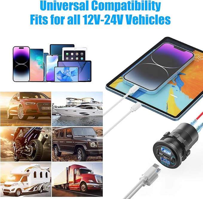 2 Pack Dual PD 30W USB C Port and Dual Quick Charge 3.0 Port 12V USB Outlet with Power Switch, 78W Multiport Car Charger Socket Waterproof DIY Accessories for Car Boat Marine Motorcycle RV ATV