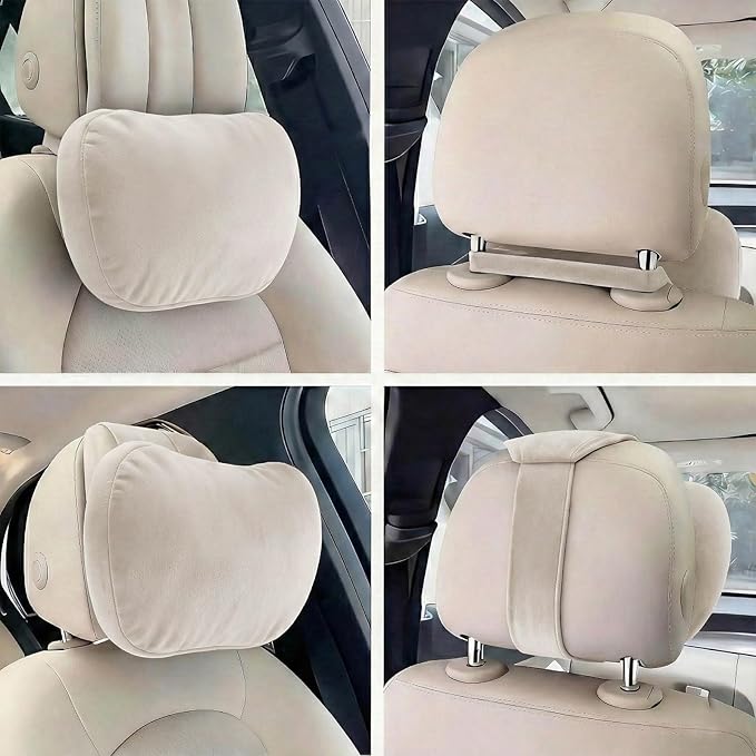 2PCS Car Pillow for Car Neck Pillow for Driving Seat Leather Neck Support Soft Cushion Back Support Head-Rests for Vehicle Sleeping with Elastic Adjustment Strap (Beige, Head)