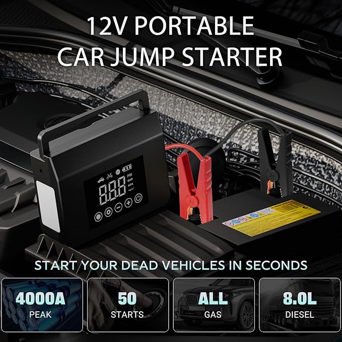 Hieha 4000A Portable Jump Starter with Air Compressor, 12V Car Battery Power (All Gas 8L Diesel) with 150PSI Tire Inflator 8000mAh PowerBank & Quick Charge, Flashlight, Emergency kit for Car, Truck