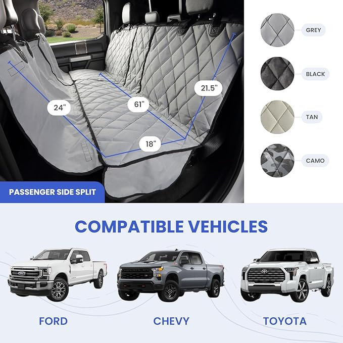 4Knines Bench Seat Covers for Trucks with Dog Hammock & Split-Tech - Rear Seat Protector for Dogs Fits Full Size Crew Cab with Split Bench Seats - Waterproof Dog Seat Cover (Passenger Side, Camo)