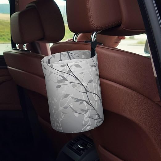 Car Trash Can Hanging, White Silhouette Branch Grey Gradient Several Waterproof Auto Garbage Bin Universal Vehicle Waste Container, 3.5L Capacity