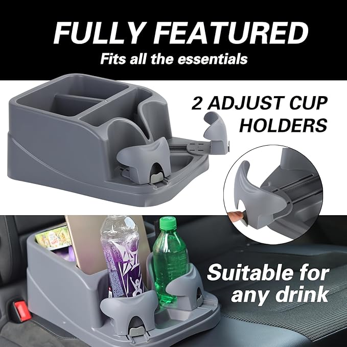 LoyaGour Center Console Organizer,Automotive Consoles Organizers and Storage with 2 Adjustable Cup Holders,Back Bench and Front Seat or Floor Middle Console Universal for Car Truck RV Van SUV (Grey)