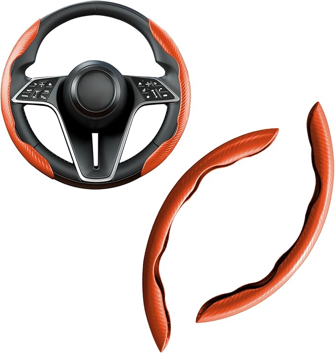 LevChall Carbon Fiber Steering Wheel Cover, 2-Piece Set Anti-Skid Comfortable Grip Segmented Butterfly Design, Easy Snap-On Installation Universal Fit 99% Cars, Orange